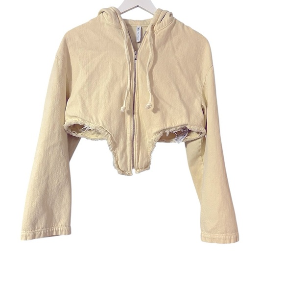 Zara small yellow frayed cropped asymmetrical hoodie - Picture 2 of 5